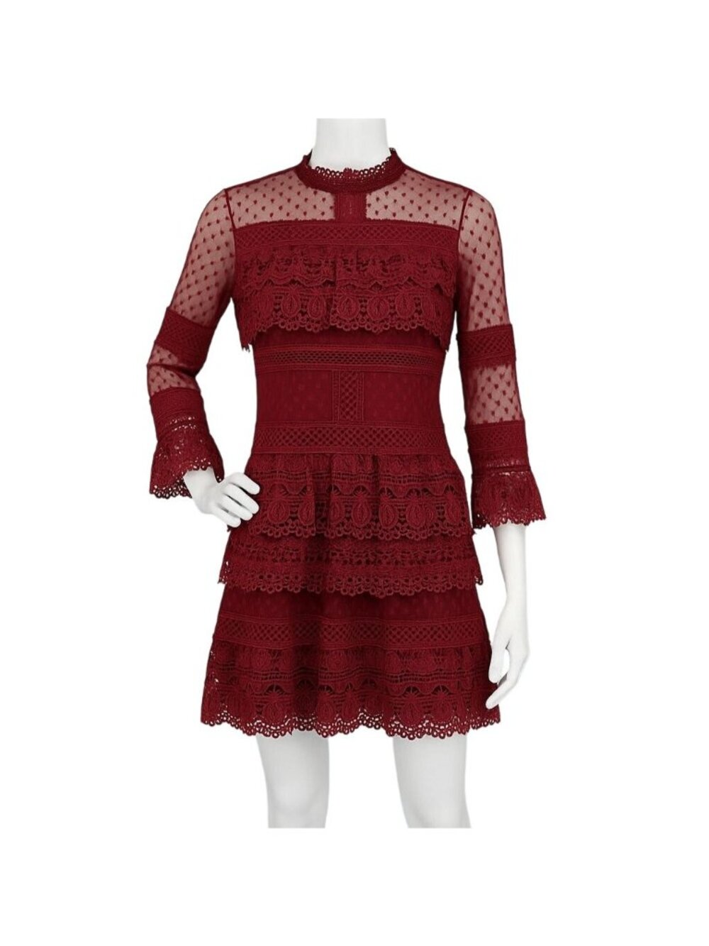 Lace Mesh Tiered Mini Dress Mock Neck Long Sleeve Prom Wedding Whimsigoth Medium